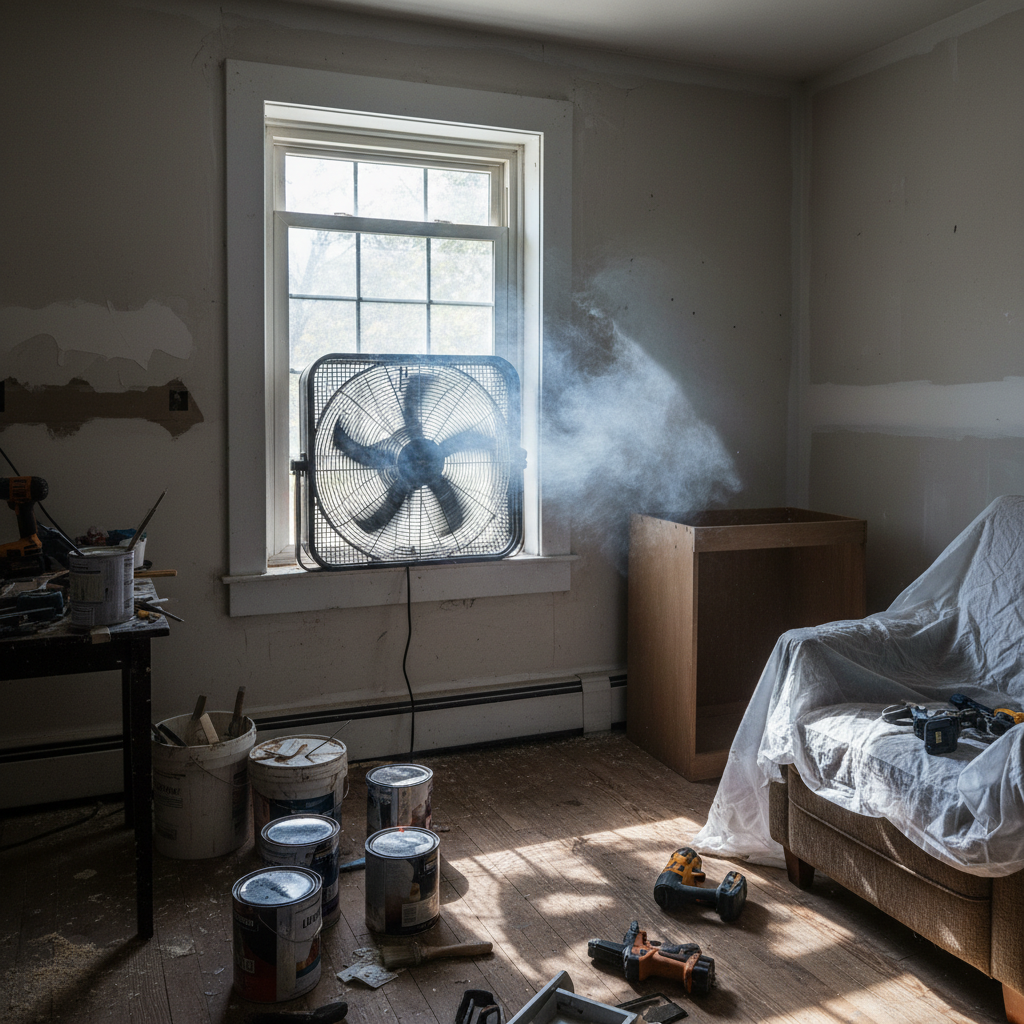 Box fan in open window ventilating a small workshop room