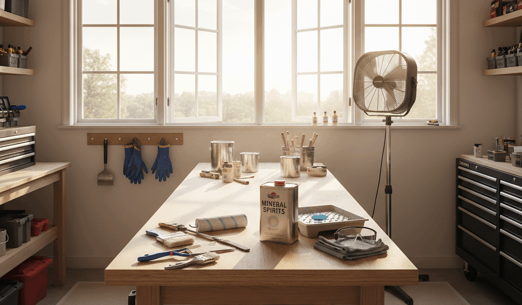 Well-ventilated workshop with open windows and fan for safe mineral spirits use