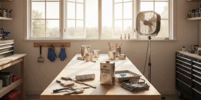 Well-ventilated workshop with open windows and fan for safe mineral spirits use